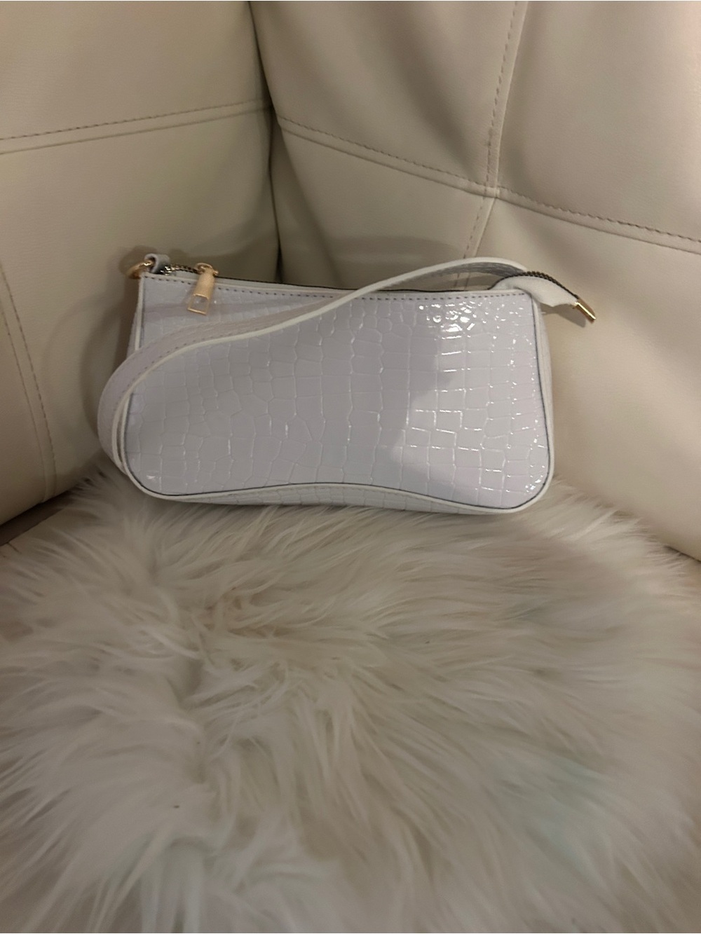 White Croc-Embossed Shoulder Bag